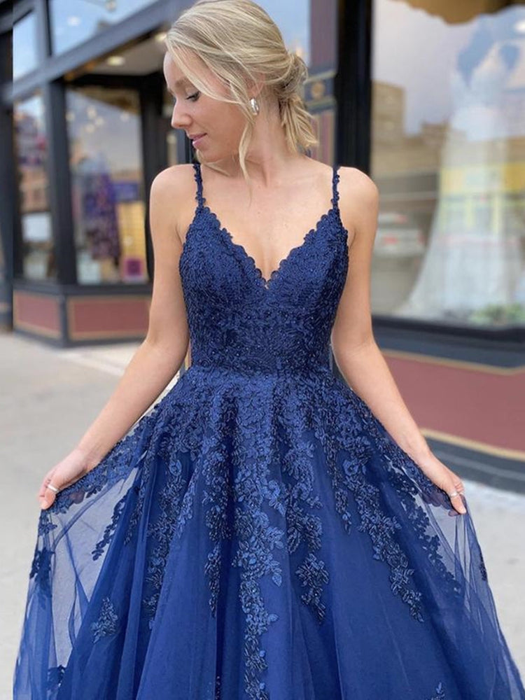 
                      
                        A Line V Neck Backless Navy Blue Lace Prom Dresses 2020, Backless Navy Blue Lace Formal Dresses, Navy Blue Lace Evening Dresses
                      
                    