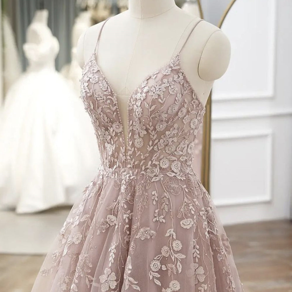 
                      
                        A Line V Neck Backless Pink Lace Floral Long Prom Dresses, Pink Lace Formal Graduation Evening Dresses 
                      
                    