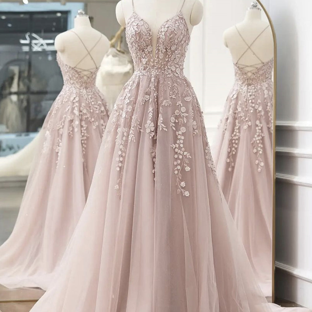 A Line V Neck Backless Pink Lace Floral Long Prom Dresses, Pink Lace Formal Graduation Evening Dresses 