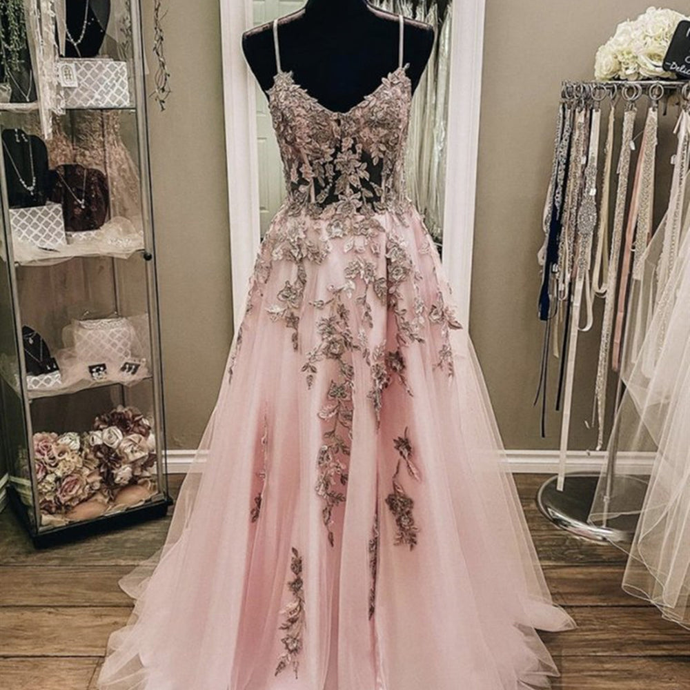 
                      
                        A Line V Neck Backless Pink Lace Floral Long Prom Dresses, Long Pink Lace Formal Graduation Evening Dresses
                      
                    