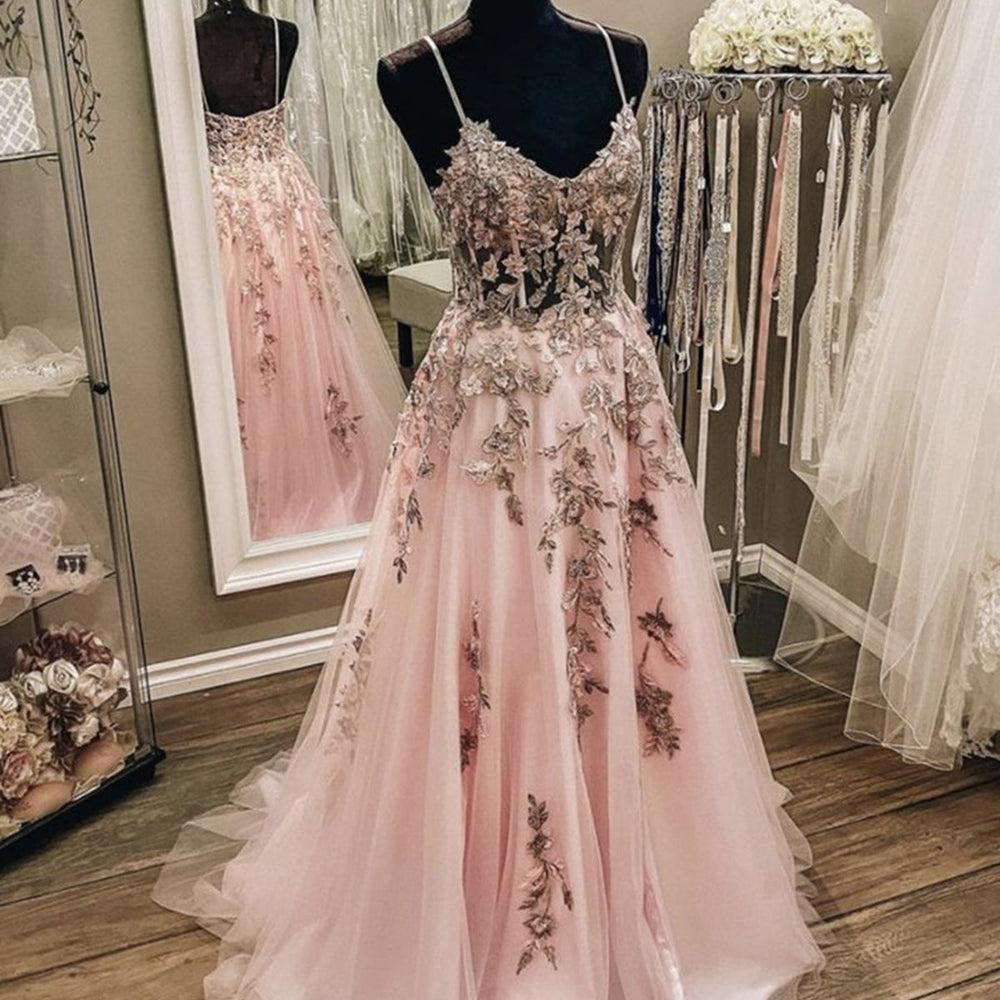 A Line V Neck Backless Pink Lace Floral Long Prom Dresses, Long Pink Lace Formal Graduation Evening Dresses