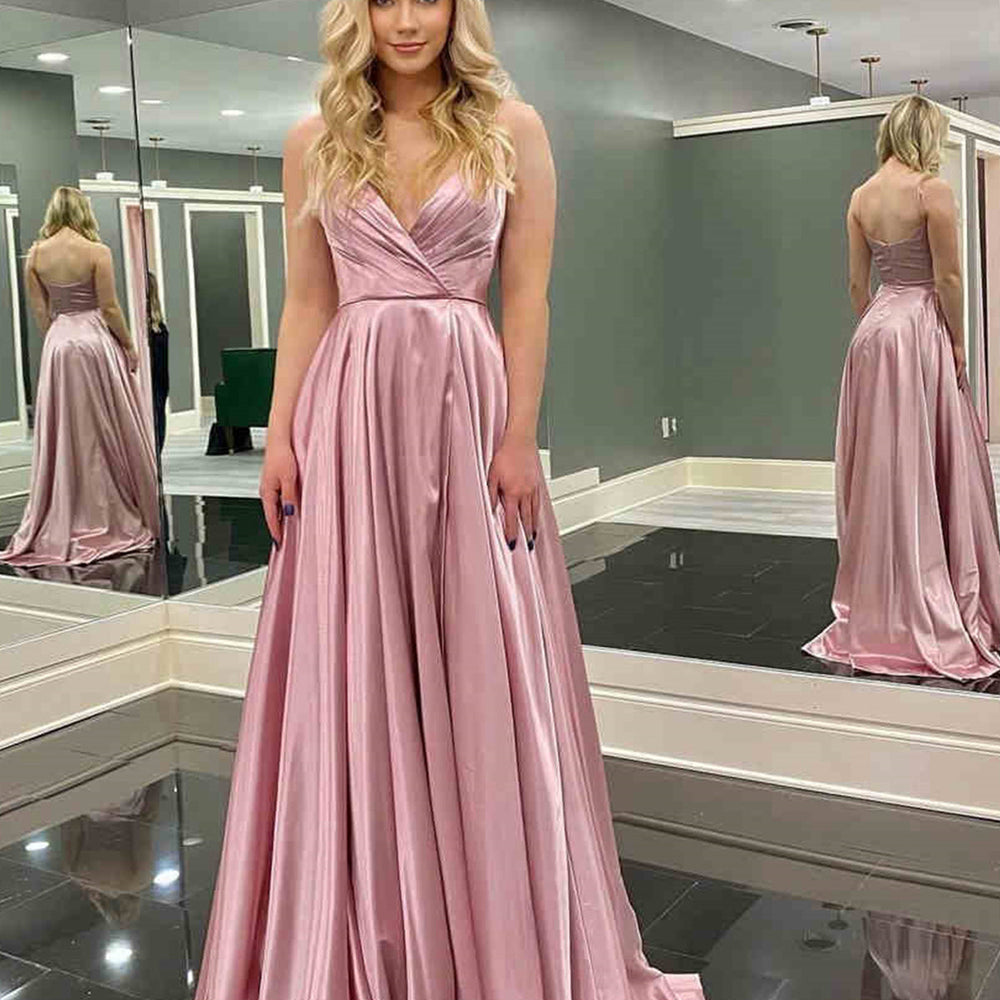 A Line V Neck Backless Pink Long Prom Dresses, V Neck Pink Formal Graduation Evening Dresses 