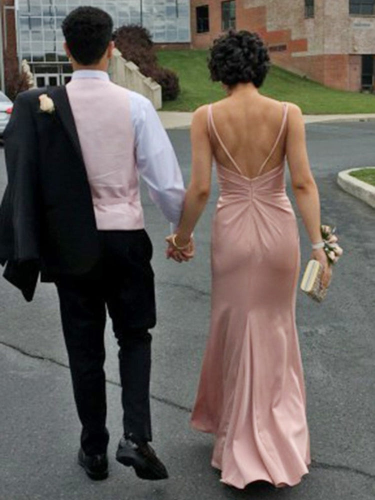 
                      
                        A Line V Neck Backless Pink Satin Long Prom Dresses with  V Neck Backless Pink Formal Dresses, Backless Pink Evening Dresses
                      
                    