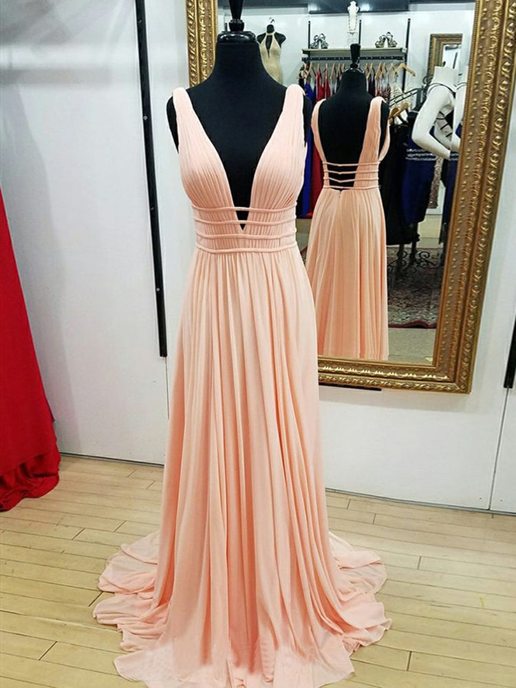 A Line V Neck Backless Pleated Pearl Pink/Navy Blue Chiffon Long Prom Dresses, Pink/Navy Blue Formal Graduation Evening Dresses