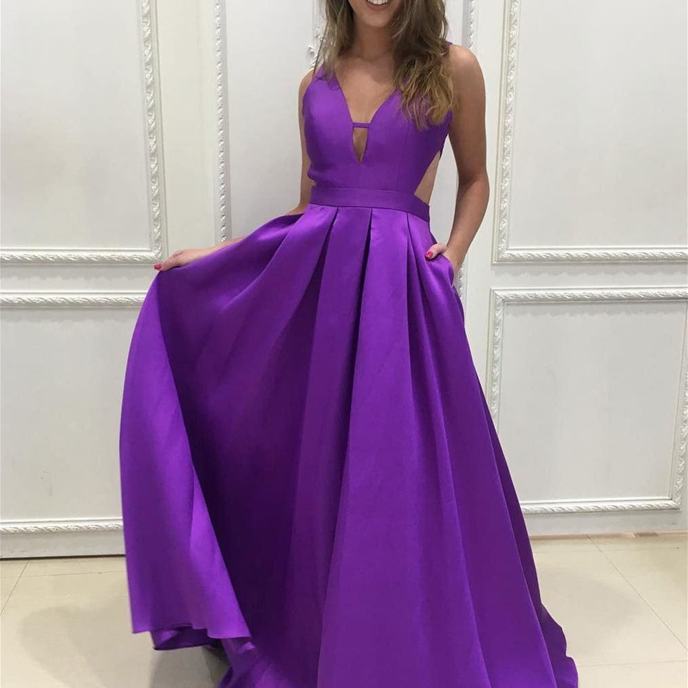 A Line V Neck Backless Purple Satin Long Prom Dresses, Backless Purple Ball Gown, V Neck Purple Formal Graduation Evening Dresses