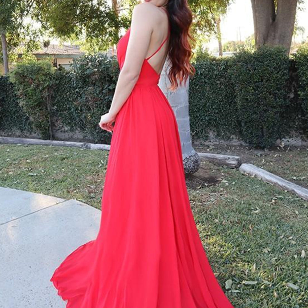 
                      
                        A Line V Neck Backless Red Long Prom Dresses, Open Back Red Formal Graduation Evening Dresses
                      
                    