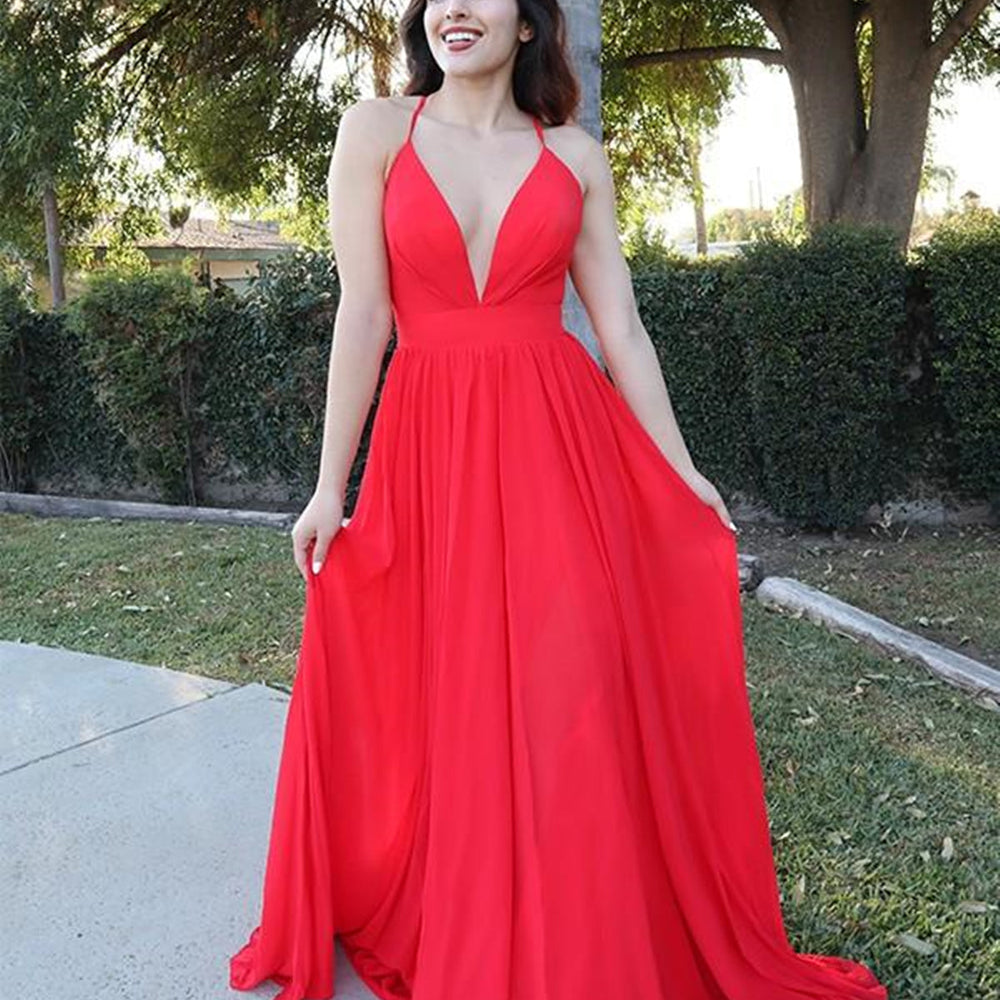 
                      
                        A Line V Neck Backless Red Long Prom Dresses, Open Back Red Formal Graduation Evening Dresses
                      
                    