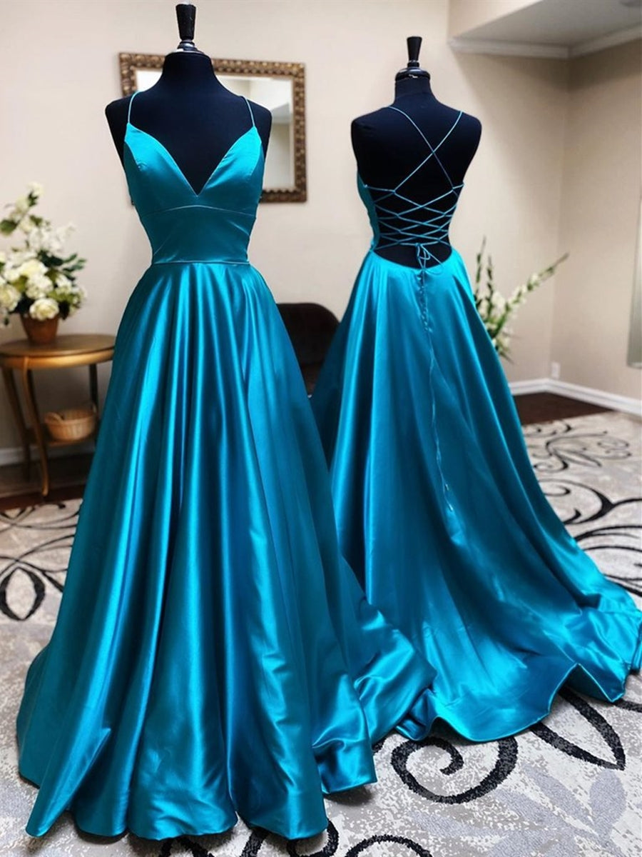 A Line V Neck Backless Teal Satin Long Prom Dresses, Open Back V Neck Blue Formal Graduation Evening Dresses