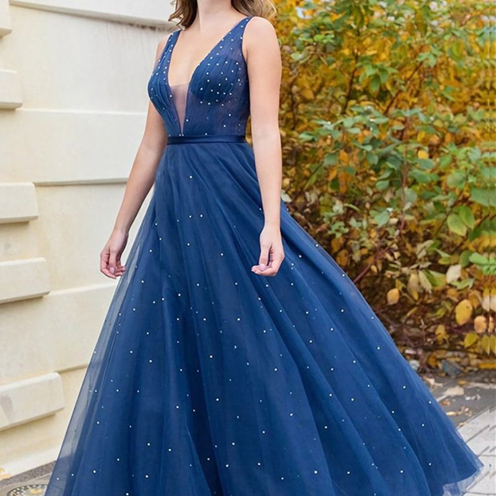 
                      
                        A Line V Neck Beaded Navy Blue Long Prom Dresses, V Neck Dark Blue Tulle Long Formal Evening Dresses
                      
                    