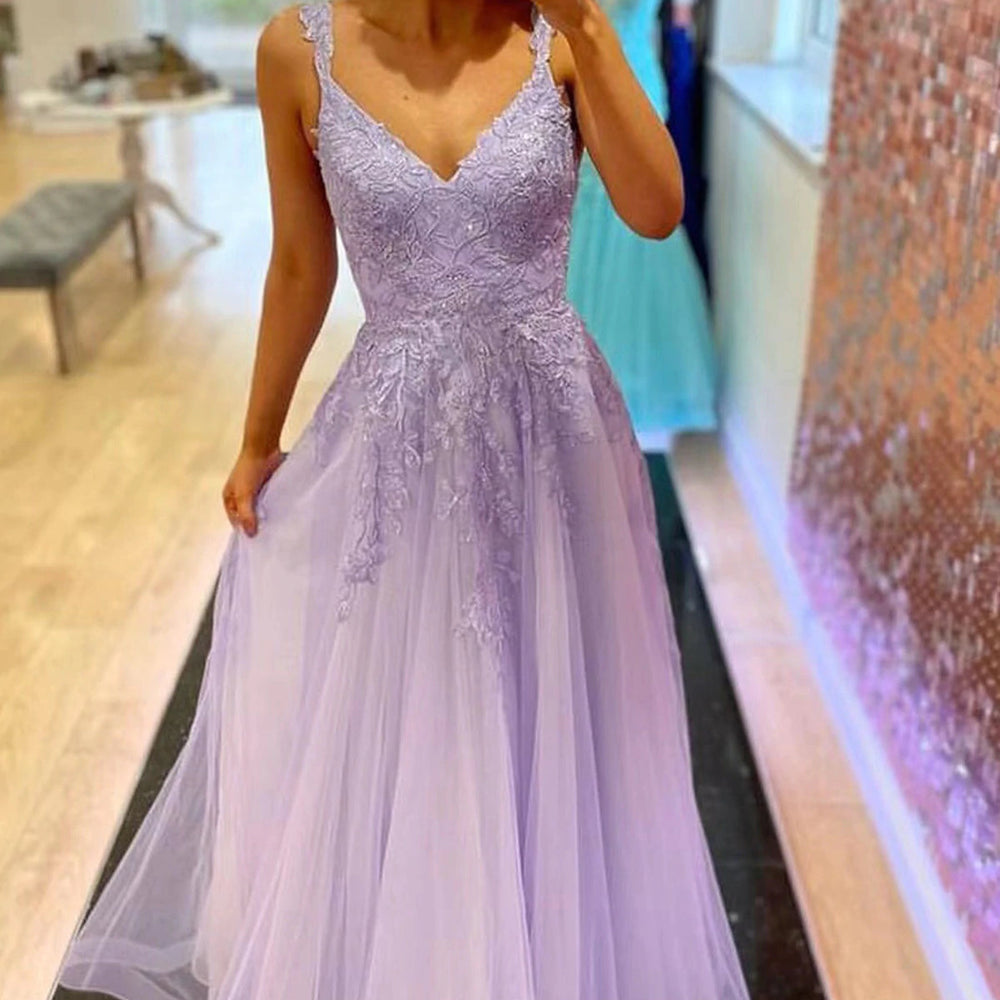 A Line V Neck Beaded Purple Lace Long Prom Dresses, Lilac Lace Formal Dresses, Lavender Evening Dresses 