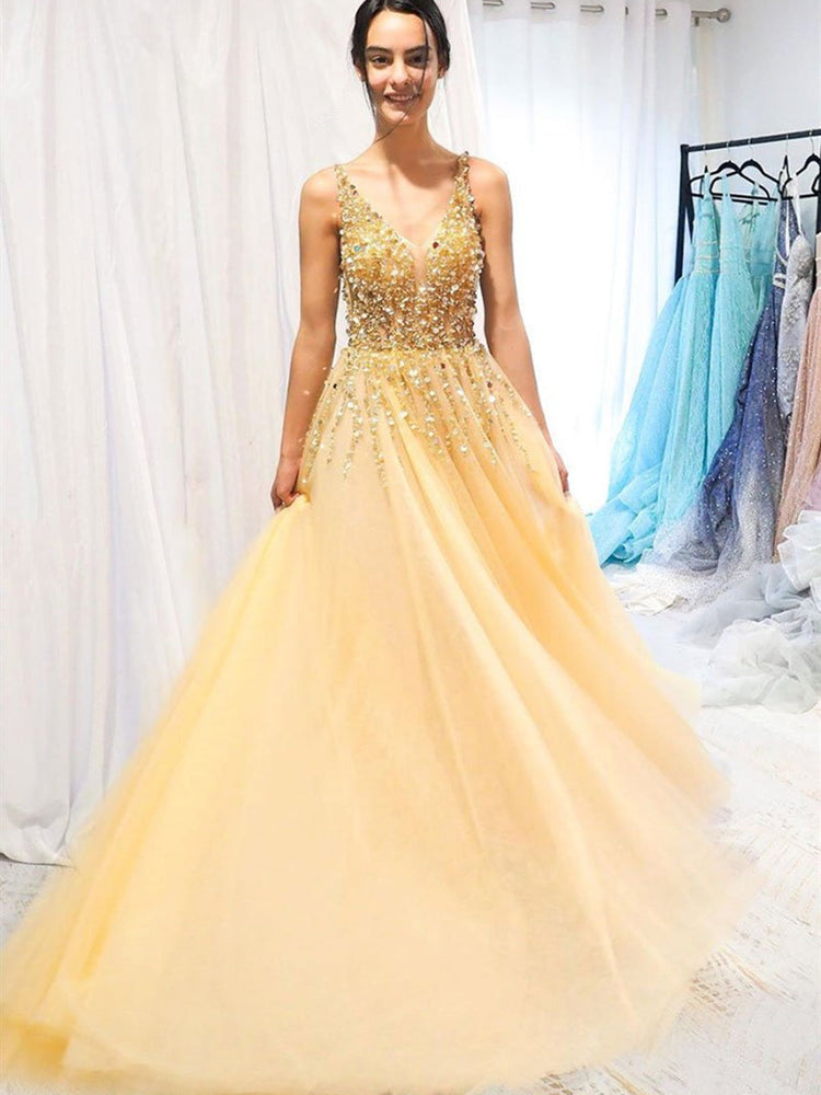 
                      
                        A Line V Neck Beaded Sequins Golden Long Prom Dresses, V Neck Beaded Golden Formal Dresses, Golden Evening Dresses
                      
                    