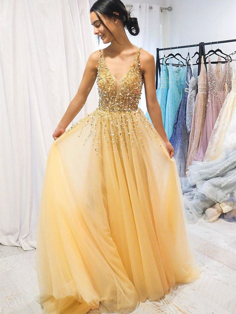 
                      
                        A Line V Neck Beaded Sequins Golden Long Prom Dresses, V Neck Beaded Golden Formal Dresses, Golden Evening Dresses
                      
                    