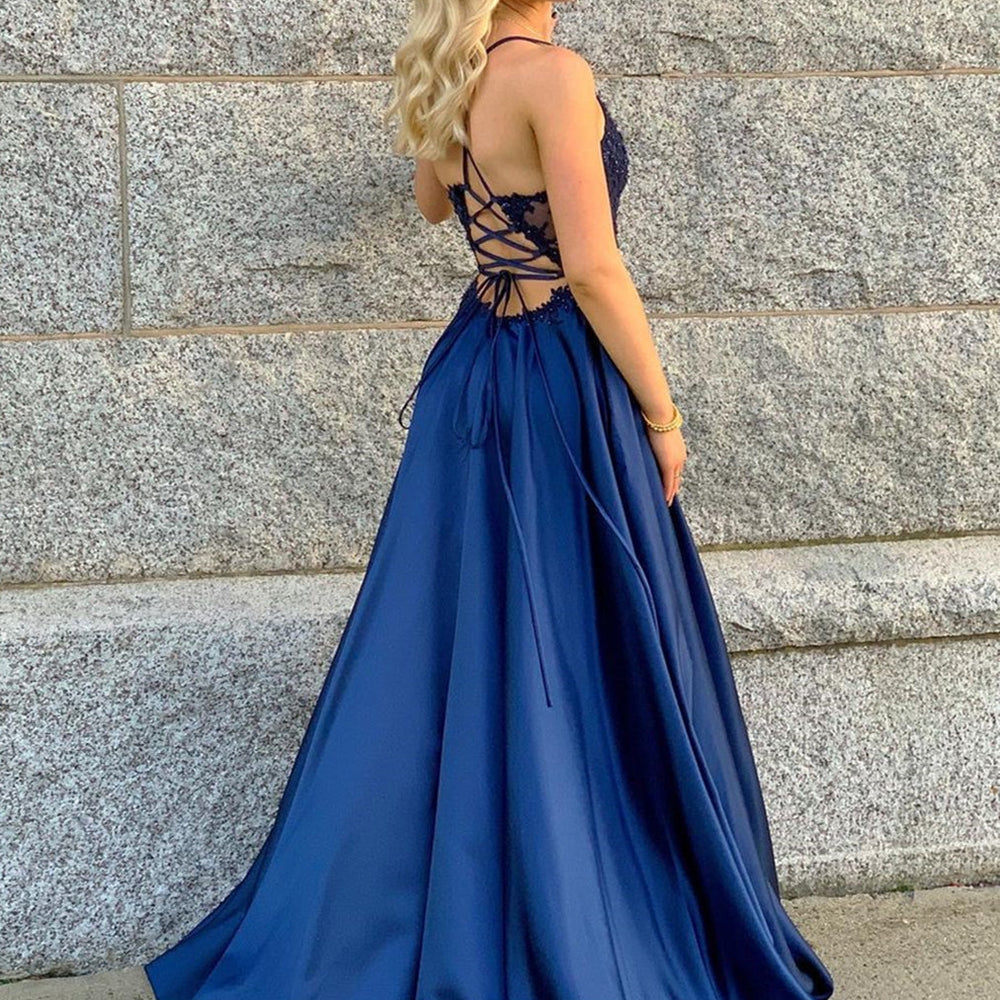 
                      
                        A Line V Neck Blue Lace Beaded Long Prom Dresses, Blue Lace Formal Dresses, Blue Evening Dresses
                      
                    