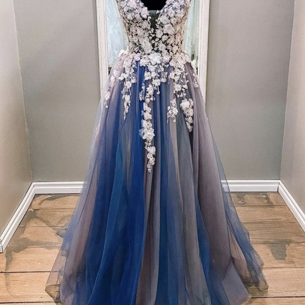 A Line V Neck Blue Lace Floral Long Prom Dresses, Blue Lace Formal Evening Dresses with Appliques