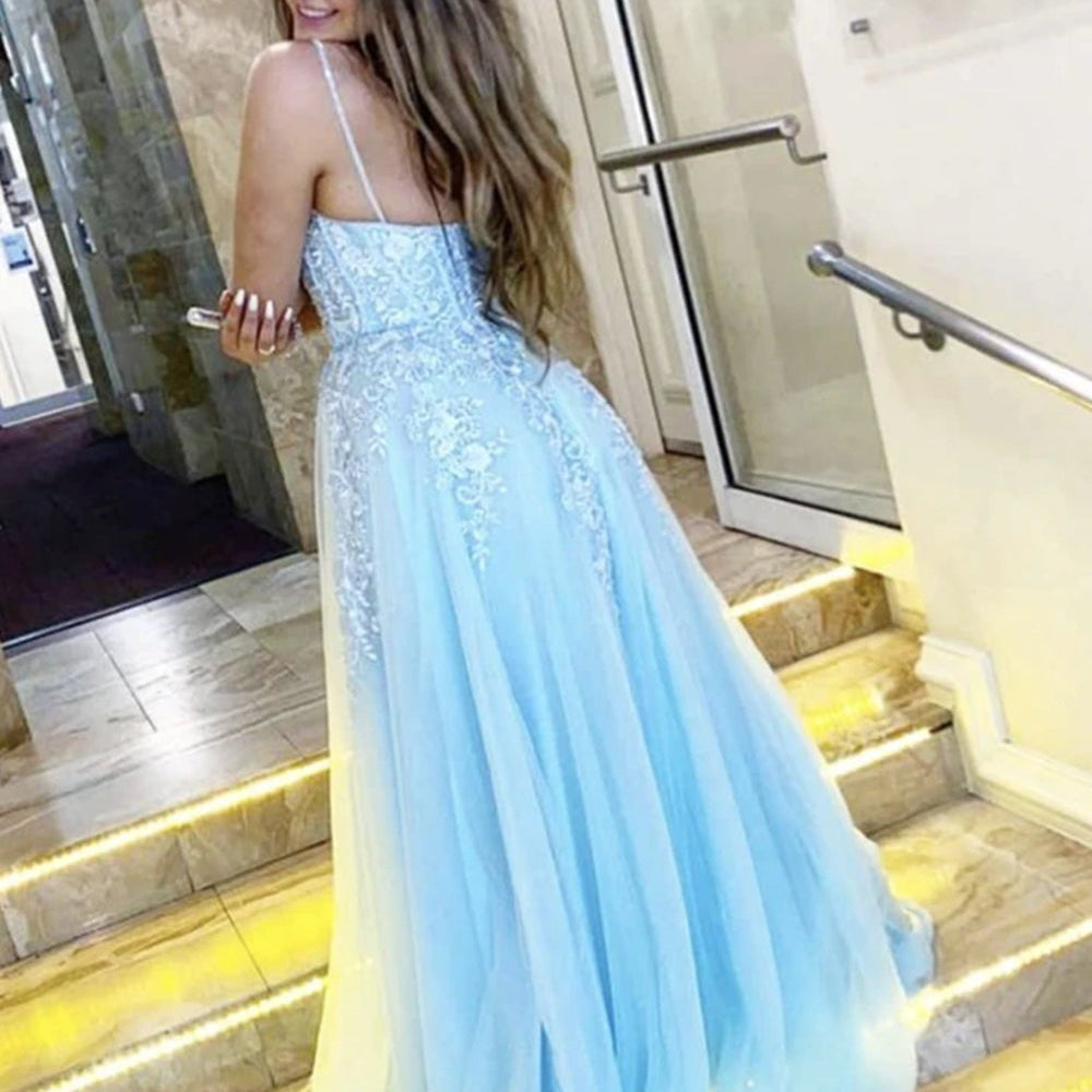 
                      
                        A Line V Neck Blue Lace Long Prom Dresses, Long Blue Lace Formal Evening Dresses
                      
                    