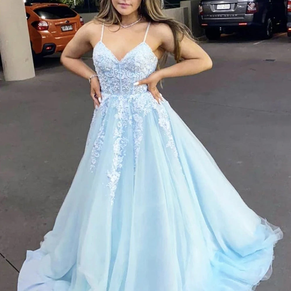 A Line V Neck Blue Lace Long Prom Dresses, Long Blue Lace Formal Evening Dresses