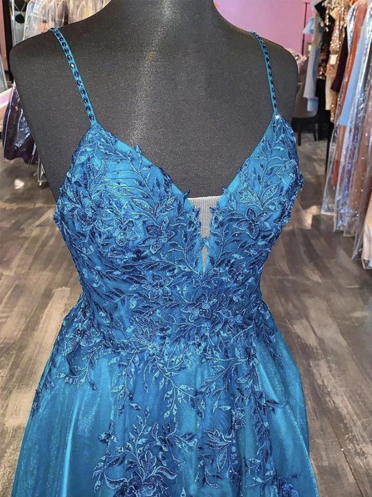 
                      
                        A Line V Neck Blue Lace Long Prom Dresses, V Neck Blue Formal Dresses, Blue Lace Evening Dresses
                      
                    