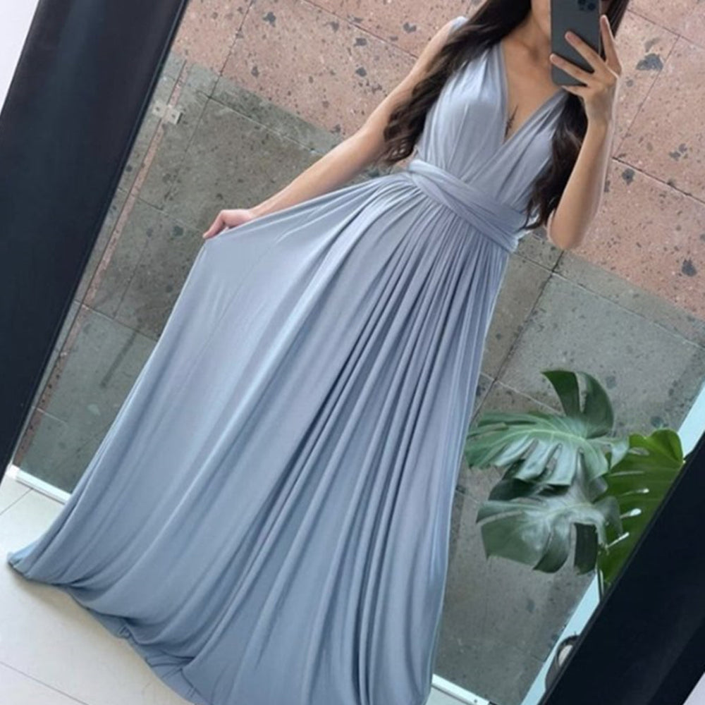 A Line V Neck Blue Long Prom Dresses, V Neck Blue Formal Evening Dresses