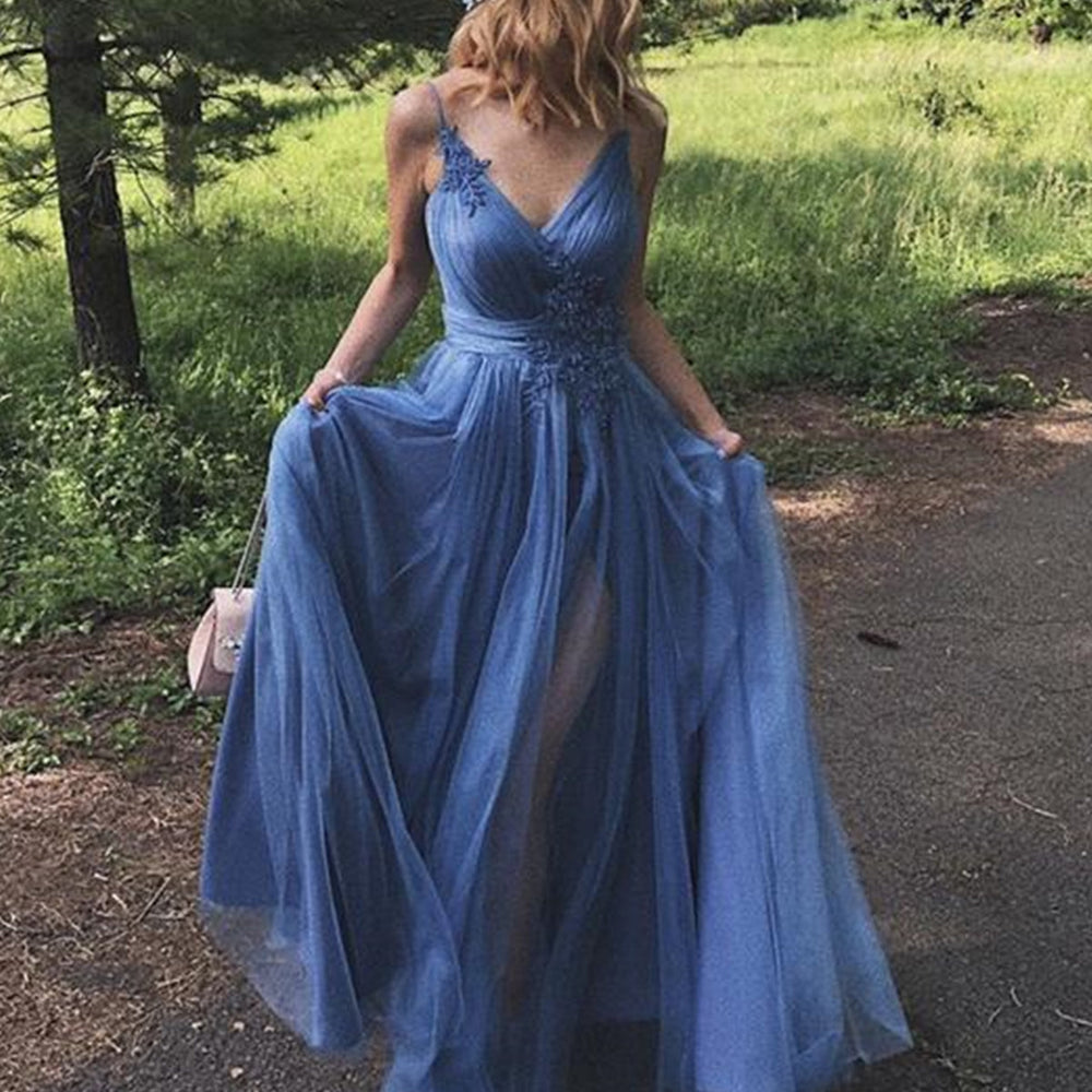 A Line V Neck Blue Long Prom, V Neck Long Blue Formal Graduation Evening