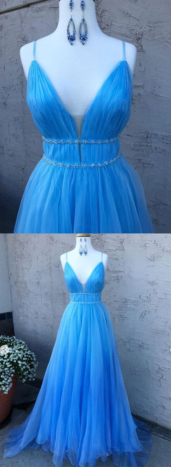 A Line V Neck Blue Long Prom Dresses with Thin Belt, Blue Formal Dresses, Evening Dresses