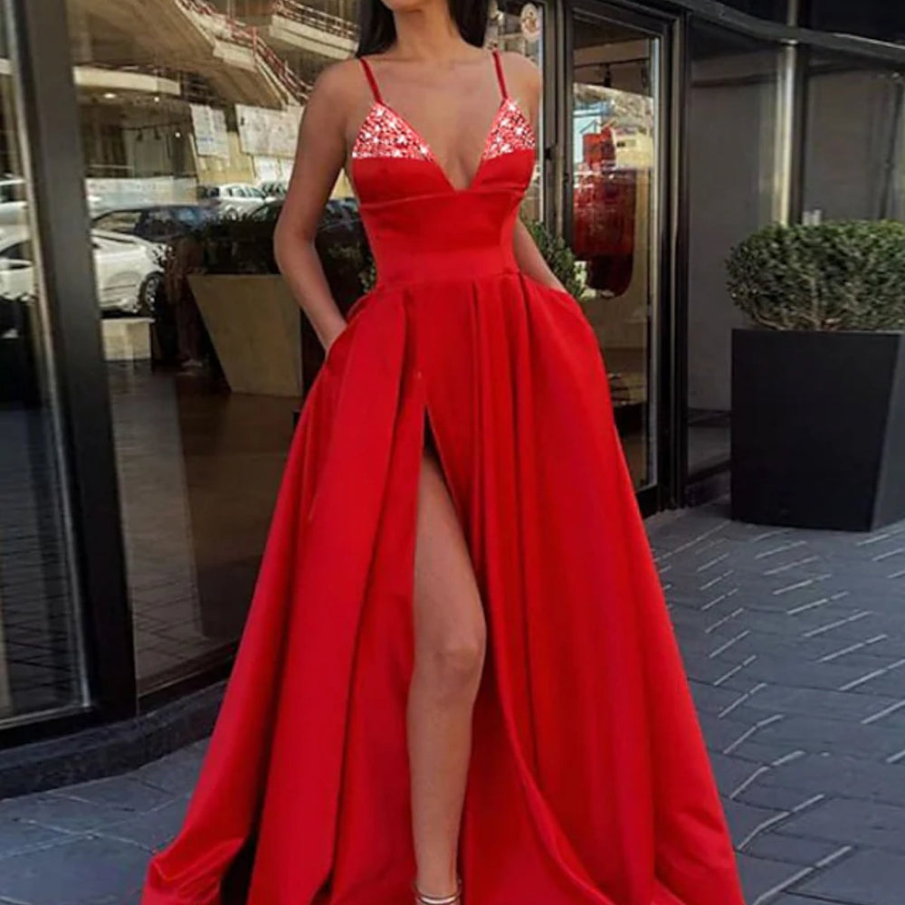 
                      
                        A Line V Neck Blue/Black/Red/Burgundy Satin Long Prom Dresses with Sequins, Long Blue/Black/Red/Burgundy Formal Evening Dresses with High Slit 
                      
                    