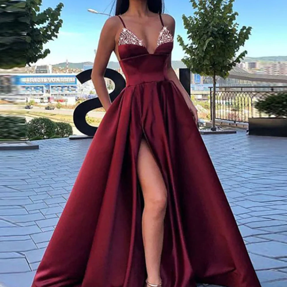 
                      
                        A Line V Neck Blue/Black/Red/Burgundy Satin Long Prom Dresses with Sequins, Long Blue/Black/Red/Burgundy Formal Evening Dresses with High Slit 
                      
                    