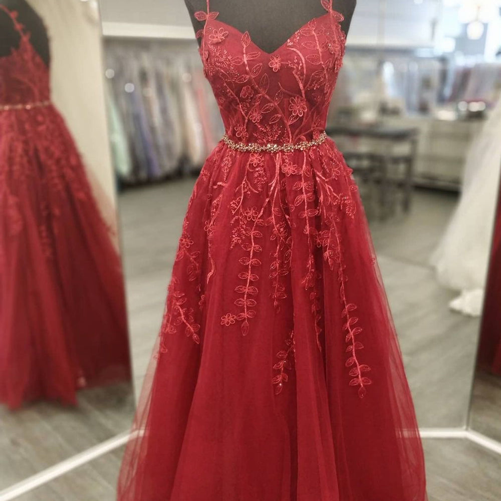 A Line V Neck Burgundy Lace Floral Long Prom Dresses, Wine Red Lace Formal Dresses, Burgundy Evening Dresses