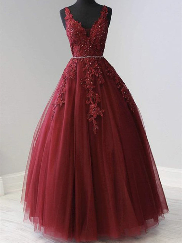 A Line V Neck Burgundy Lace Long Prom Dresses, Burgundy Lace Formal Graduation Evening Dresses