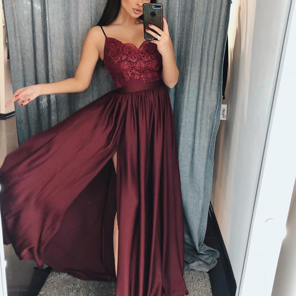 
                      
                        A Line V Neck Burgundy Lace Prom Dresses with Side Slit, Burgundy Lace Graduation Dresses, Burgundy Lace Formal Dresses
                      
                    