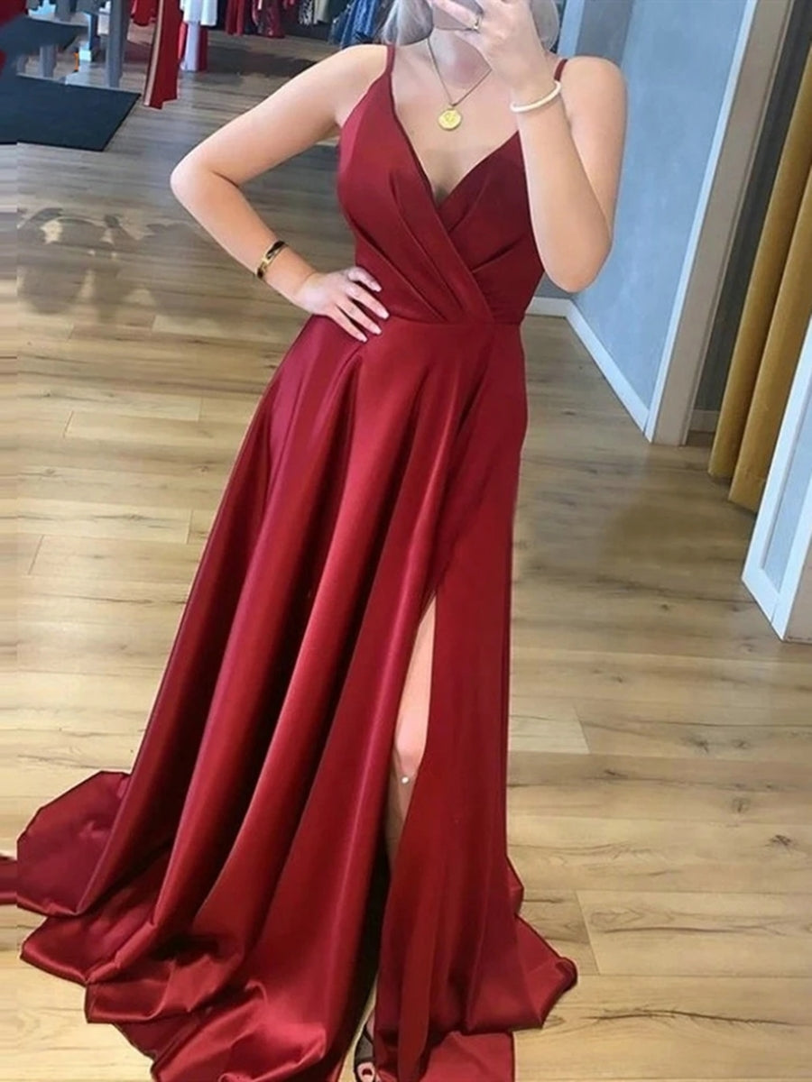 A Line V Neck Burgundy Long Prom Dresses with Leg Slit, V Neck Burgundy Formal Graduation Evening Dresses