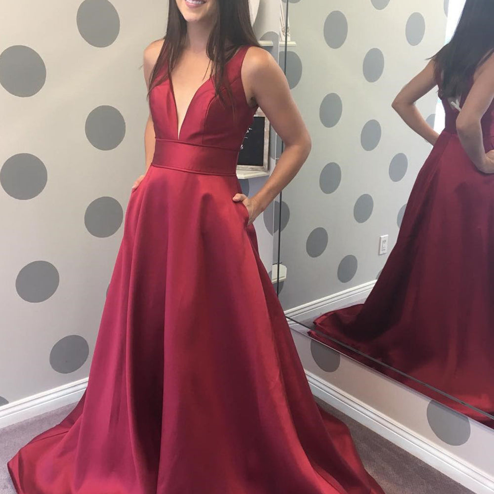 A Line V Neck Burgundy Satin Long Prom Dresses with Pocket, V Neck Burgundy Formal Graduation Evening Dresses 