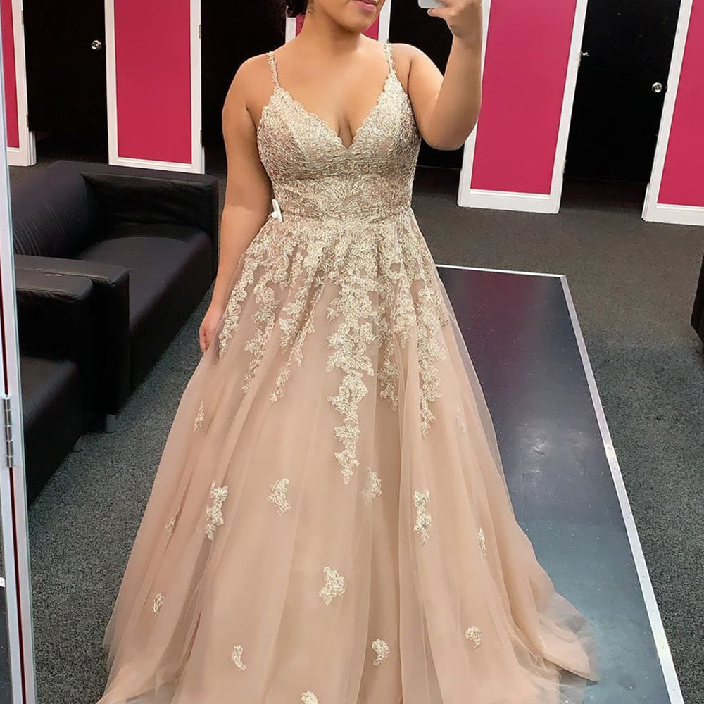 A Line V Neck Champagne Lace Long Prom Dresses, Champagne Lace Formal Dresses, Champagne Evening Dresses