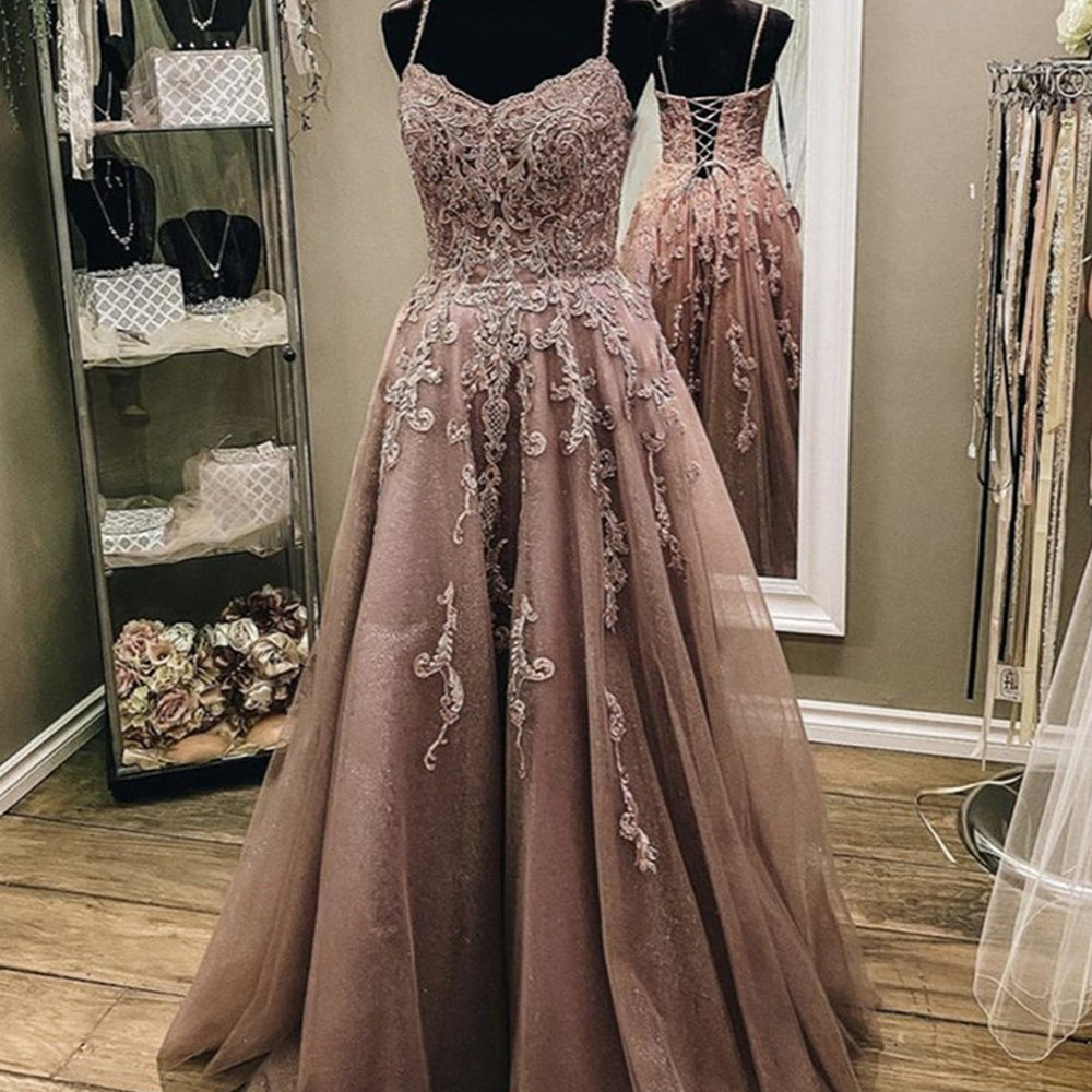 A Line V Neck Champagne Lace Long Prom Dresses, Champagne Lace Formal Evening Dresses