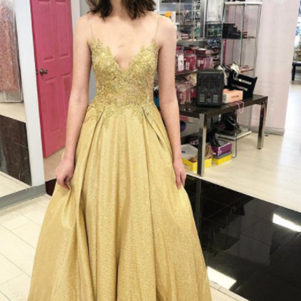 
                      
                        A Line V Neck Golden Lace Long Prom Dresses, Shiny Open Back Golden Lace Formal Evening Dresses
                      
                    