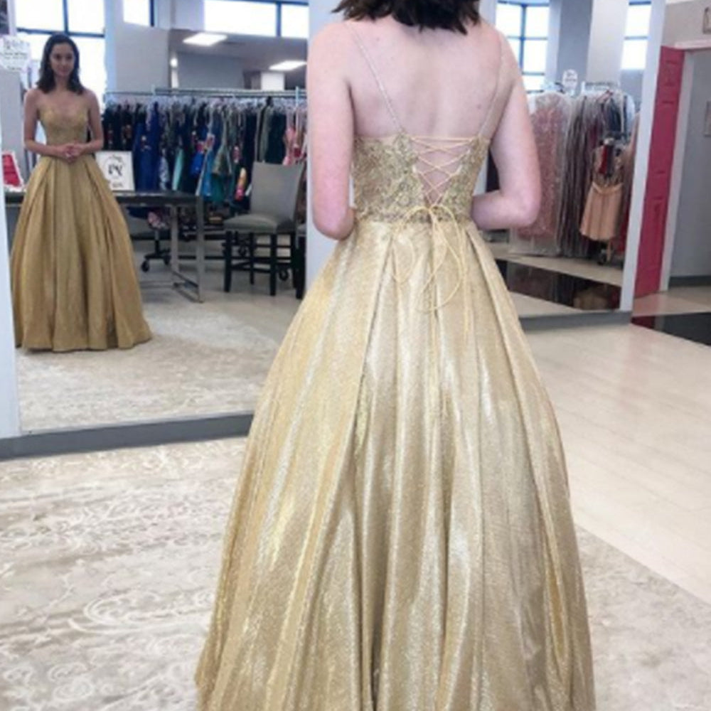 
                      
                        A Line V Neck Golden Lace Long Prom Dresses, Shiny Open Back Golden Lace Formal Evening Dresses
                      
                    