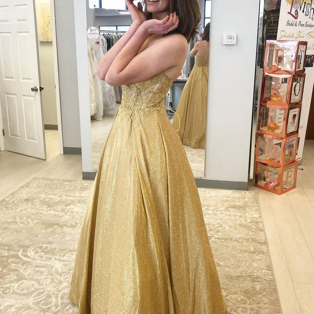 
                      
                        A Line V Neck Golden Lace Long Prom Dresses, Shiny Open Back Golden Lace Formal Evening Dresses
                      
                    