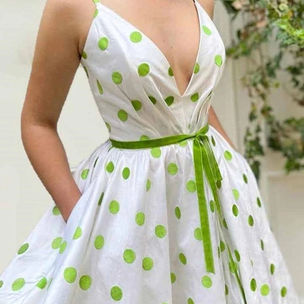 
                      
                        A Line V Neck Green Dot White Long Prom Dresses, Green Dot Long Formal Evening Dresses
                      
                    