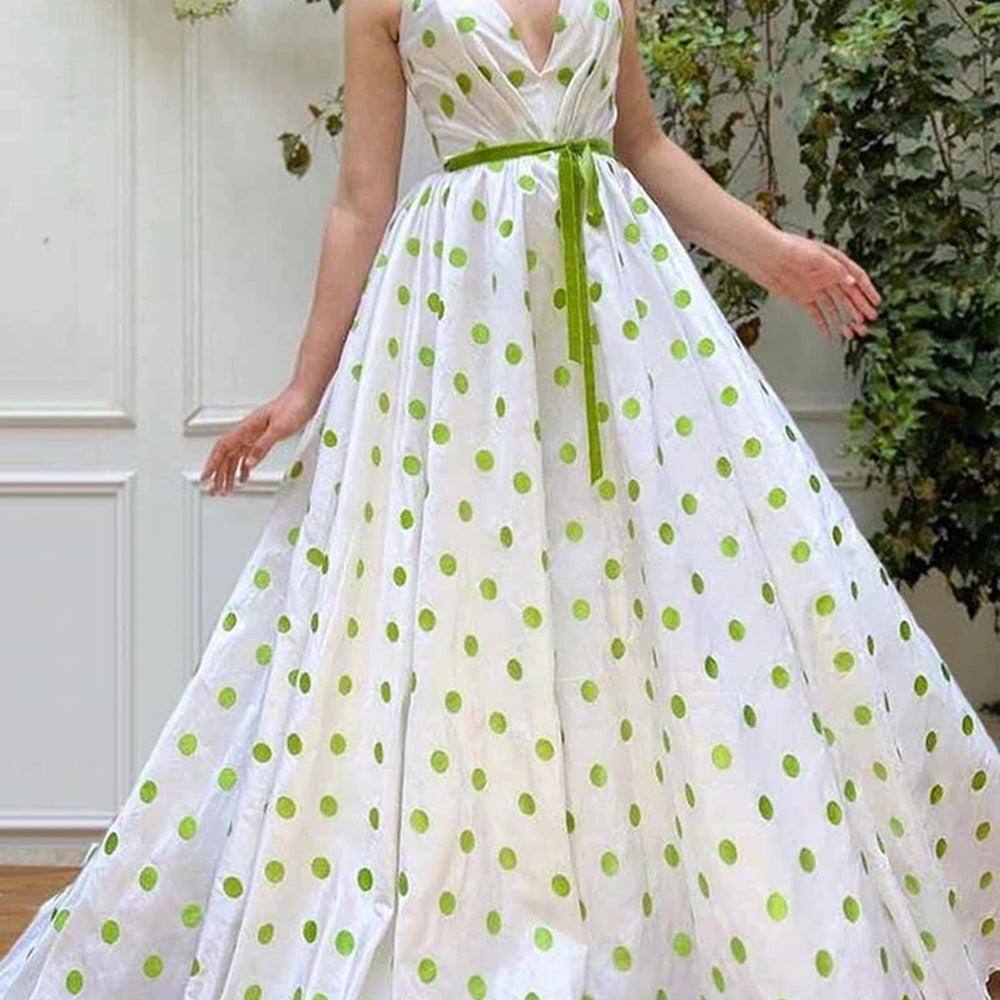 A Line V Neck Green Dot White Long Prom Dresses, Green Dot Long Formal Evening Dresses