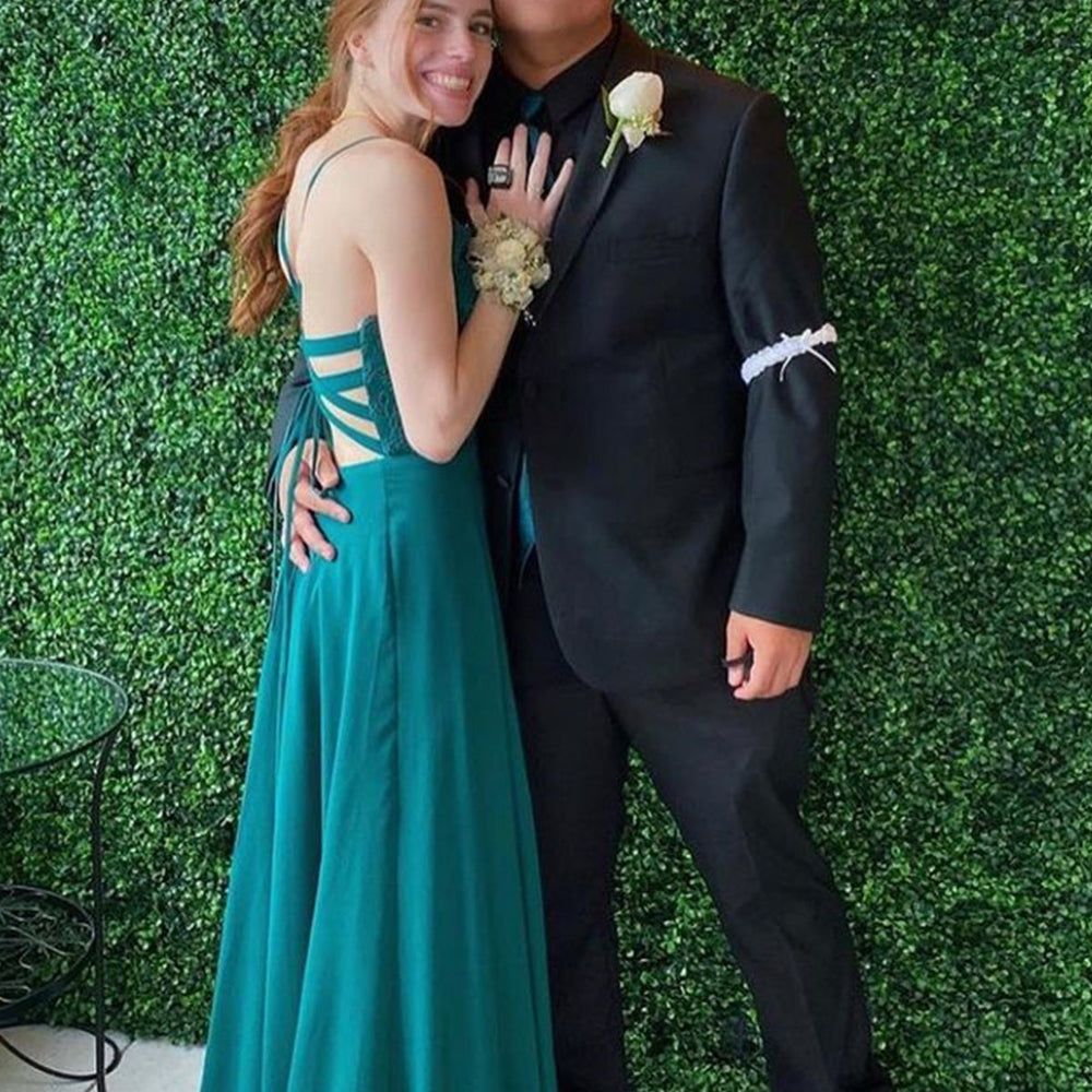 
                      
                        A Line V Neck Green Lace Chiffon Long Prom Dresses, Open Back Green Formal Graduation Evening Dresses, Green Lace Bridesmaid Dresses 
                      
                    