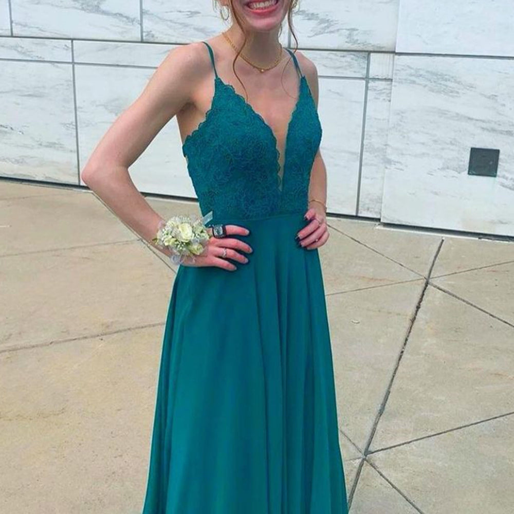 
                      
                        A Line V Neck Green Lace Chiffon Long Prom Dresses, Open Back Green Formal Graduation Evening Dresses, Green Lace Bridesmaid Dresses 
                      
                    