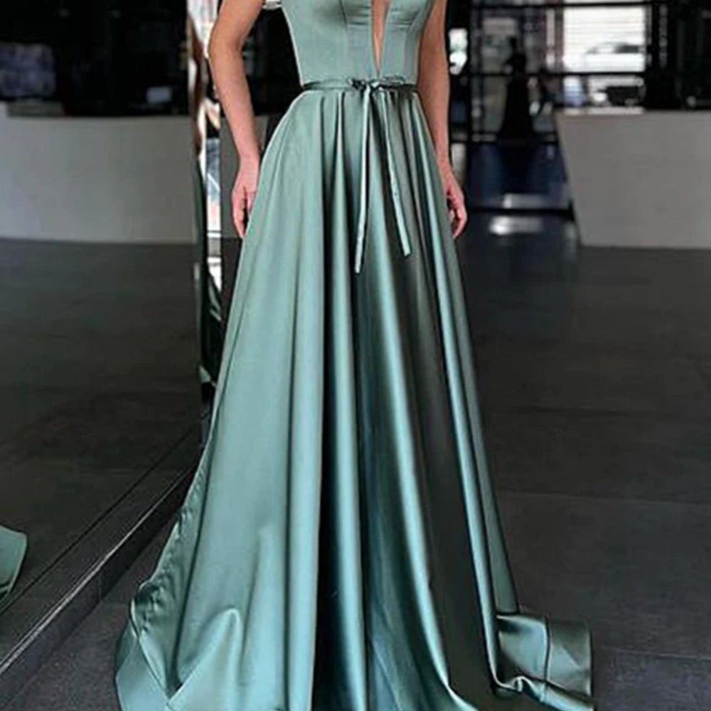 
                      
                        A Line V Neck Green Satin Long Prom Dresses, V Neck Green Formal Graduation Evening Dresses 
                      
                    