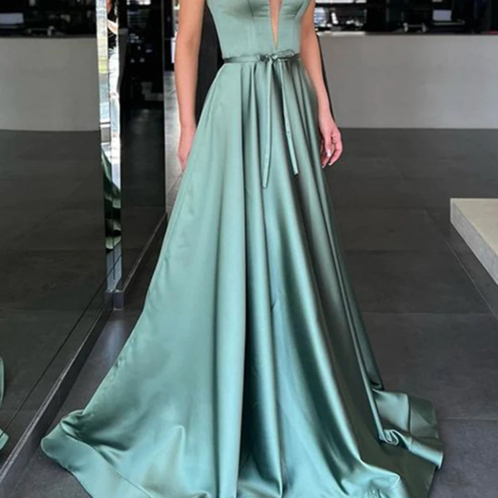 
                      
                        A Line V Neck Green Satin Long Prom Dresses, V Neck Green Formal Graduation Evening Dresses 
                      
                    