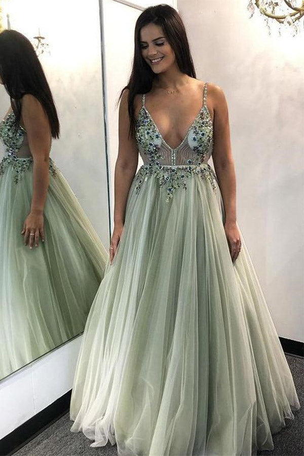 A Line V Neck Green Tulle Long Prom Dresses With Beading