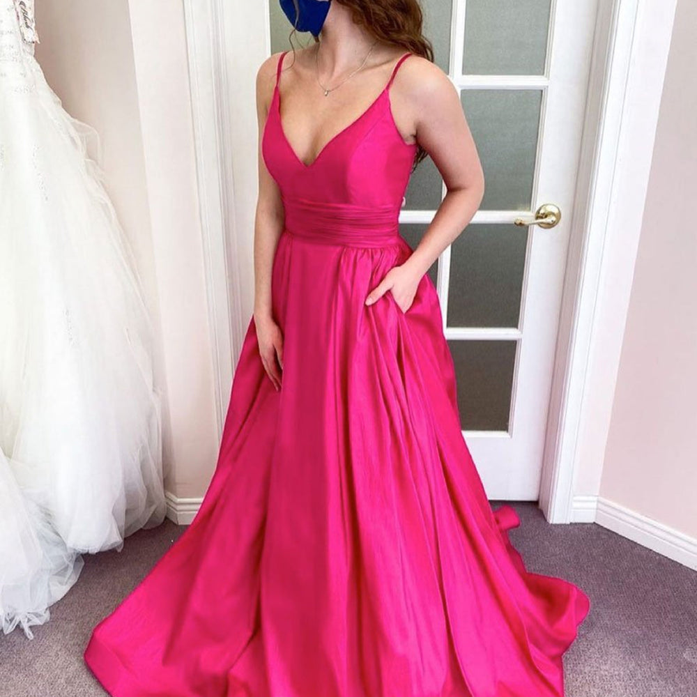 A Line V Neck Hot Pink Satin Long Prom Dresses with Pocket, V Neck Hot Pink Formal Evening Dresses