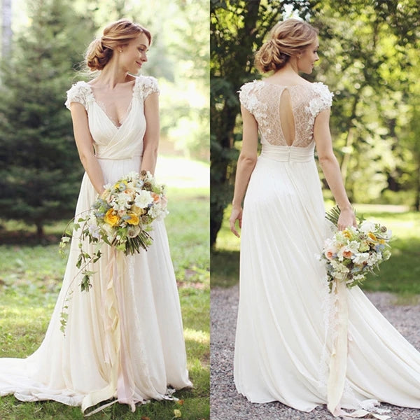 
                      
                        A-line V-neck Ivory Chiffon Sheer Back Cap Sleeve Wedding Gowns
                      
                    