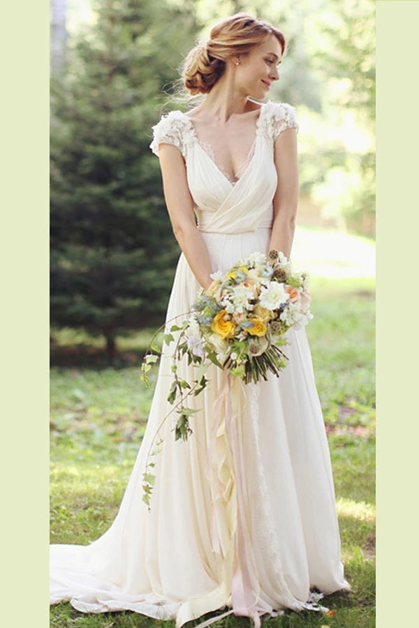 A-line V-neck Ivory Chiffon Sheer Back Cap Sleeve Wedding Gowns