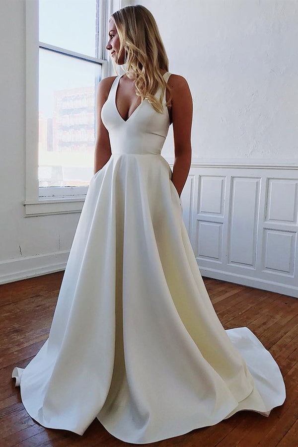 A Line V Neck Ivory Satin Wedding Dress 