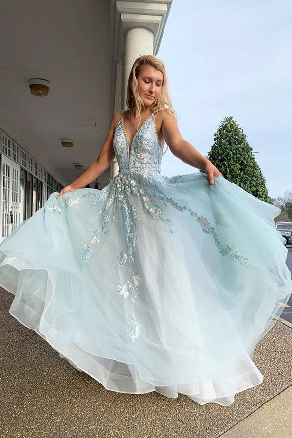 A-line V Neck Lace Appliqued Tulle Prom Dress With Beading