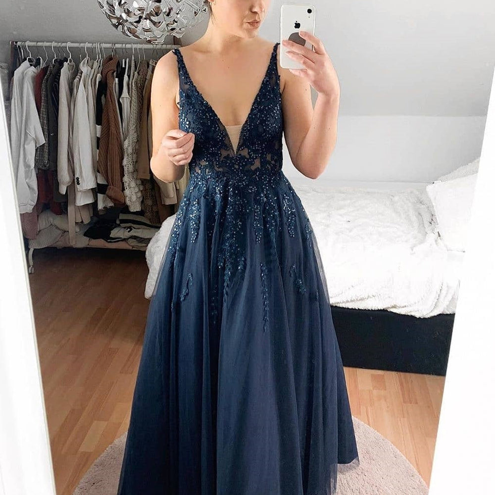 A Line V Neck Lace Navy Blue Long Prom Dresses, Navy Blue Lace Formal Dresses, Navy Blue Evening Dresses