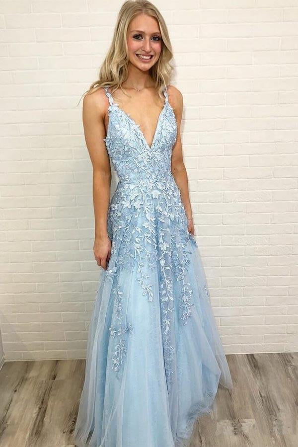 
                      
                        A Line V Neck Lace Sky Blue Long Prom Dresses, Sky Blue Lace Formal Dresses, V Neck Sky Blue Evening Dresses
                      
                    